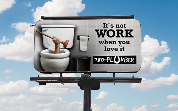 Repair company billboard shows an arm sticking out of a toilet holding a plunger.