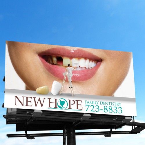 Dentist billboard shows a man on a ladder cleaning some teeth.